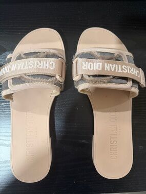 Dior Nude Fur-Trim Slide Sandals with Branded Straps